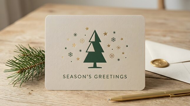 Minimalist Scandinavian Christmas greeting card with gold foil pine tree and snowflake accents