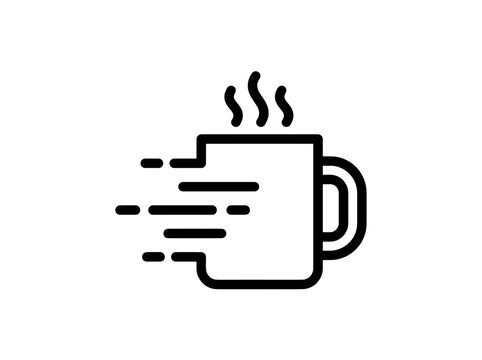 hot coffee cup with steam and speed lines suggesting fast delivery or quick energy boost