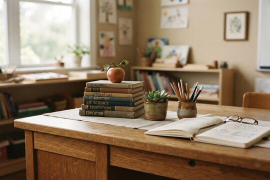 elegant wooden desk with stacked books, pencils, notebook, apple and small green plant, warm classroom atmosphere, World Teachers' Day concept