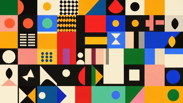 Vibrant Geometric Abstraction: A dynamic and colorful mosaic of geometric shapes, lines, and patterns creates a visually stimulating abstract composition, full of energy and modern design.