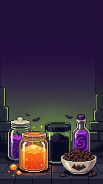 Vertical 16-bit pixel art Halloween baking banner with spooky ingredients and ample copy space.