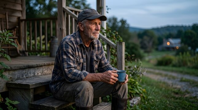 Elderly man sitting on porch steps holding coffee mug in countryside