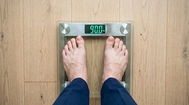 Top-down view of a person standing barefoot on a digital bathroom scale resting on a light wooden floor displaying 90.0 kg, representing weight management and health tracking.