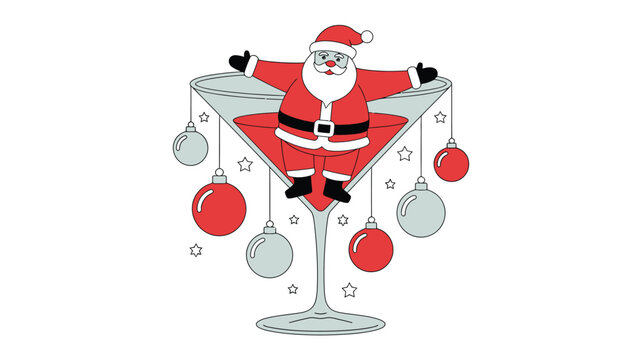 Santa Claus sitting comfortably inside a large martini glass with festive baubles