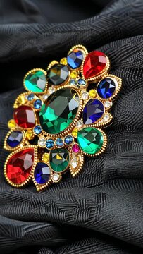 Exquisite Gemstone Brooch: A dazzling brooch adorned with a vibrant array of colorful gemstones, including emerald green, ruby red, and sapphire blue, set in an intricate golden design.