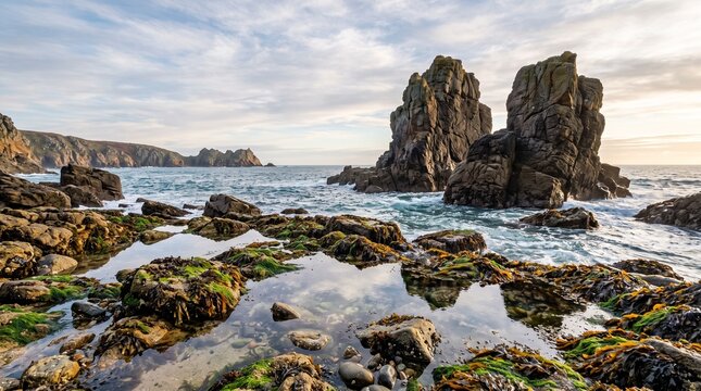 Jagged granite sea stacks stand tall above calm tide pools filled with vibrant green seaweed under a soft pastel sky during a peaceful golden hour light at the rugged coast
