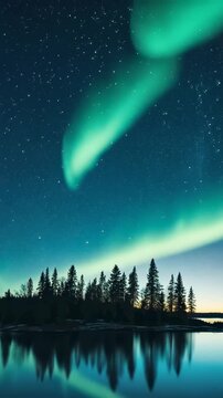 Aurora Borealis Over Tranquil Lake: The ethereal glow of the Aurora Borealis paints the night sky with mesmerizing streaks of green light, reflected in the still.