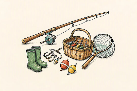Illustration of fishing tackle set featuring rod reel basket and boots outdoors equipment recreation adventure activity supplies collection vacation lifestyle