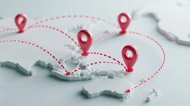 Red map pins connect locations on white world