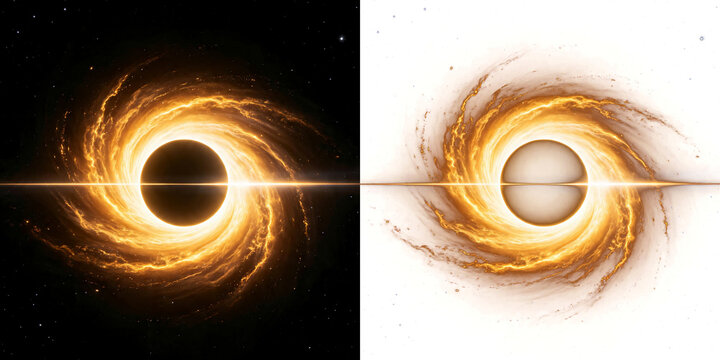 Png of a conceptual splitscreen comparison of a black hole with an accretion disk, showing the object against both a dark space background and a transparent background