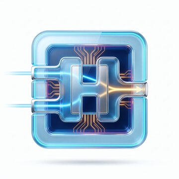 Futuristic square computer microchip icon with glowing blue H circuit pathways on clean white background, high tech processor logo badge. Modern semiconductor hardware graphic design artwork.