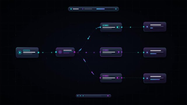 Futuristic digital flowchart showing data flow through nodes in a dark neon tech interface. Abstract representation of artificial intelligence network, workflow automation, and data processing.