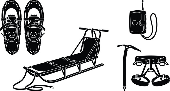Professional set of black silhouette winter rescue and mountaineering equipment including snowshoes sled and safety harness