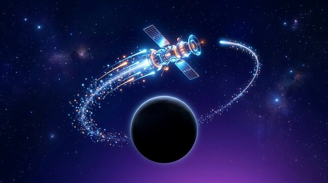 Generative AI illustration of space satellite orbiting around a dark planet in cosmos