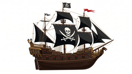 Black Sails Pirate Galleon Ship with Skull Crossbones Illustration © bimo