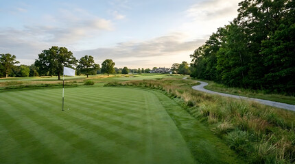 Fototapeta premium Golf course green with flag pole and manicured fairway at sunset in a luxury country club landscape setting, featuring rolling hills, lush green trees, a winding gravel path, and peaceful golden hour 