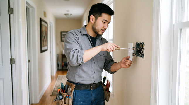 Asian electrician wearing a tool belt using a screwdriver to install a light switch faceplate on a house wall. Home electrical repair service.