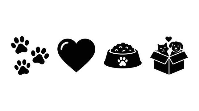 Adorable pets icon set with heart and food bowl