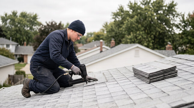 Roofer wearing a beanie and dark workwear using a pneumatic nail gun to install asphalt shingles on a residential house roof. Roof repair and construction.