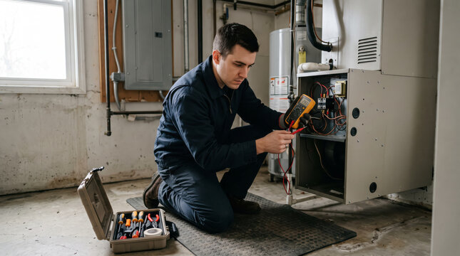 Technician kneeling in a basement using a digital multimeter tool to test wiring inside an HVAC furnace heating unit. Home equipment repair.