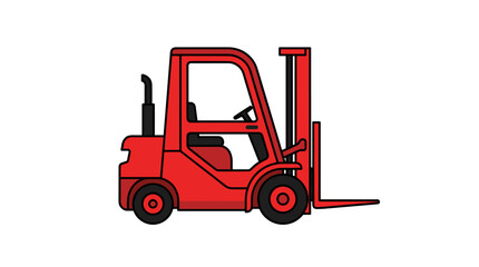 Fototapeta premium Red material handling vehicle with lifting forks used for warehouse logistics and industrial cargo movement.