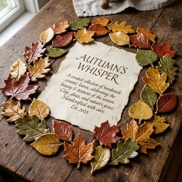 Autumn wreath with calligraphy and colorful fallen leaves on rustic wooden surface