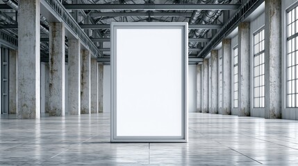 Obraz premium Empty white billboard stands in vast industrial warehouse