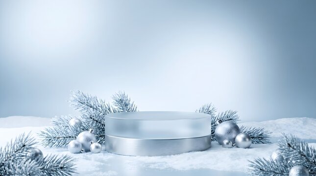 Winter Product Display Podium with Snow and Pine Branches