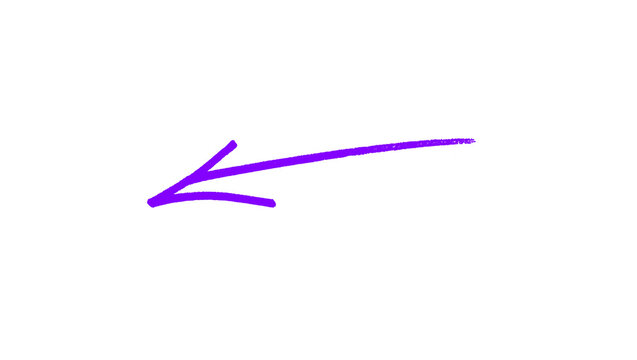 Hand drawn purple arrow pointing left, a fine marker brush stroke direction symbol isolated on a clean white background, drawn as a light sketchy line, a simple design element for posters, flyers, sti