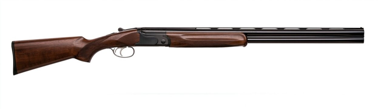 Brown wooden shotgun with black barrel isolated on