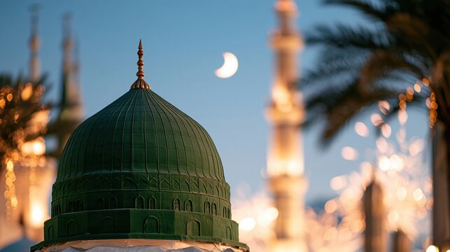 Green mosque dome with crescent moon and minarets