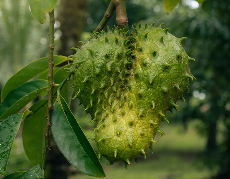 Close-up photograph of a fresh green soursop hanging naturally from a tree branch in a lush tropical garden.