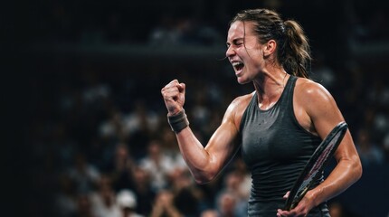 Fototapeta premium Emotional female tennis player celebrating victory with clenched fist and racket, capturing triumphant passion and athletic power for sports marketing and motivational competition design.