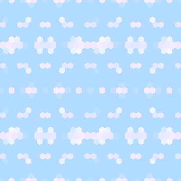 A seamless hexagonal pattern featuring a random distribution of pink, yellow, and gray shapes. Set against a blue background, it is suitable for paper bags, covers, pouches, tablecloths, posters, tile