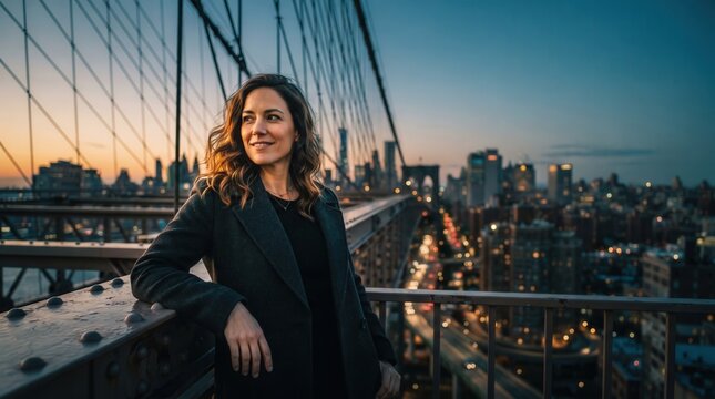Confident woman leaning on bridge railing at sunset, capturing urban lifestyle serenity and ambitious city living with a scenic twilight skyline for travel and professional success marketing.