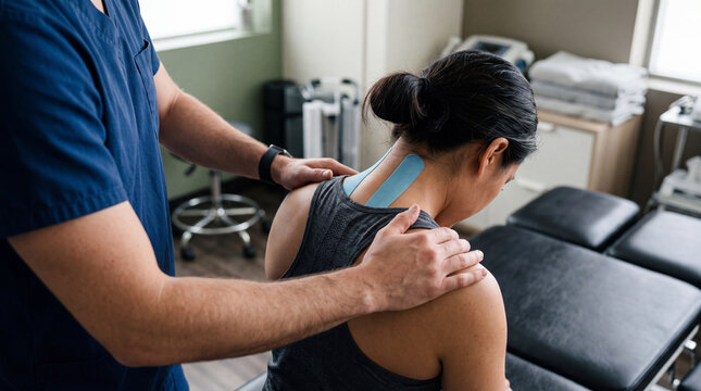Physical therapist examining female patient shoulders with blue athletic tape in clinic