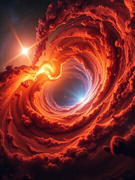 Fiery red cosmic vortex swirling through deep space
