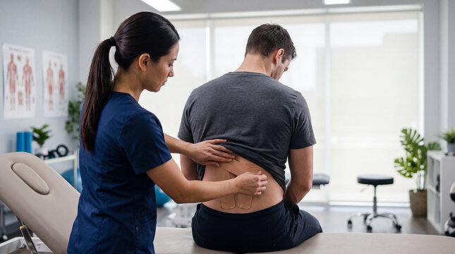 Professional therapist applying kinesiology tape to patient lower back
