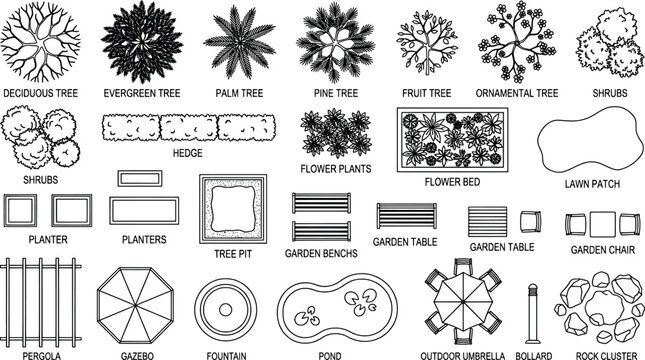 Set of landscape architecture symbols for garden design, including trees, plants, furniture, and outdoor elements, isolated on white background