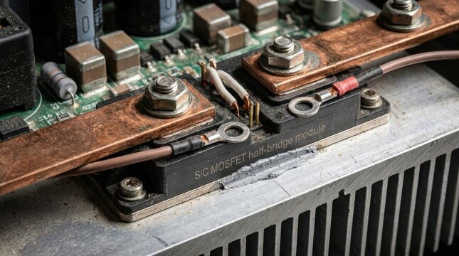 silicon carbide power electronics concept Close-up of a rusty MOSFET transistor on a circuit board with electronic components