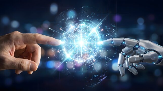 Robotic hand and human finger reaching toward glowing digital sphere representing advanced connectivity, artificial intelligence, networking, innovation, and futuristic data technology