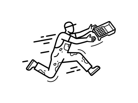 A quick painter running with paint tray while working fast and with urgency