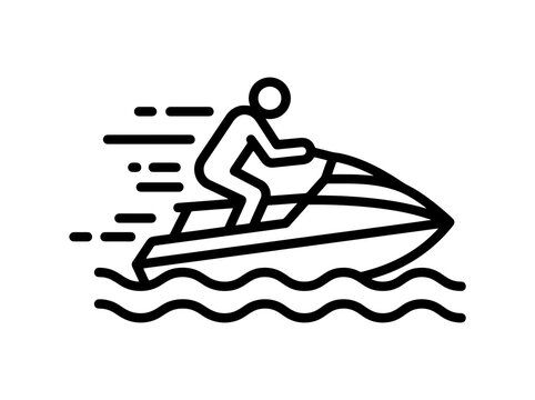 Person riding a jet ski on water while moving fast with speed lines and waves