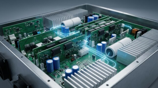 silicon carbide power electronics concept Internal view of an electronic device showing circuit boards and components