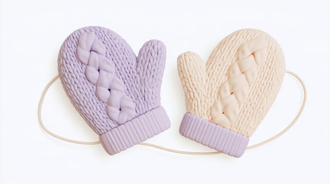Cute 3D style winter mittens with warm wool texture pattern. Pastel lavender and soft cream cozy seasonal fashion icon connected by thread. Isolated on white background