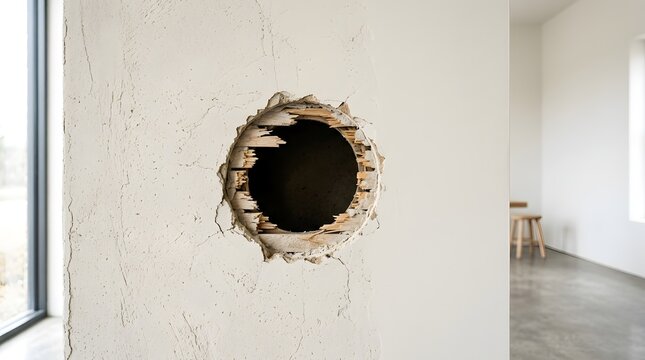 Broken drywall with circular hole revealing wooden framing in interior room