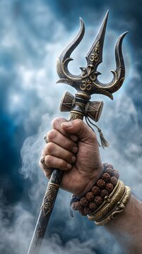Photorealistic cinematic macro close up of Lord Shivas hand gripping a sacred Trishula realistic skin texture detailed fingers authentic Rudraksha beads and traditional wrist ornaments beautifully cra