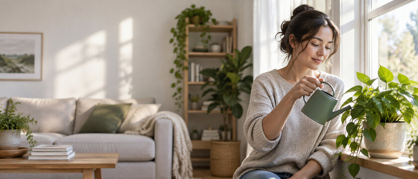 Woman cares for a houseplant while sitting at home. Sunlit living room and abundant greenery create a calm setting. Gardening supports mental health and recovery.