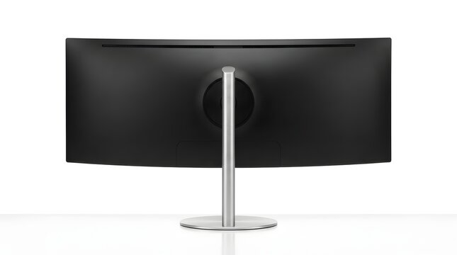Curved computer monitor back view on white table surface