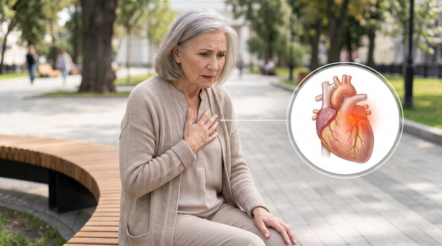 Senior Woman Experiencing Chest Pain with Heart Anatomy Illustration in Park